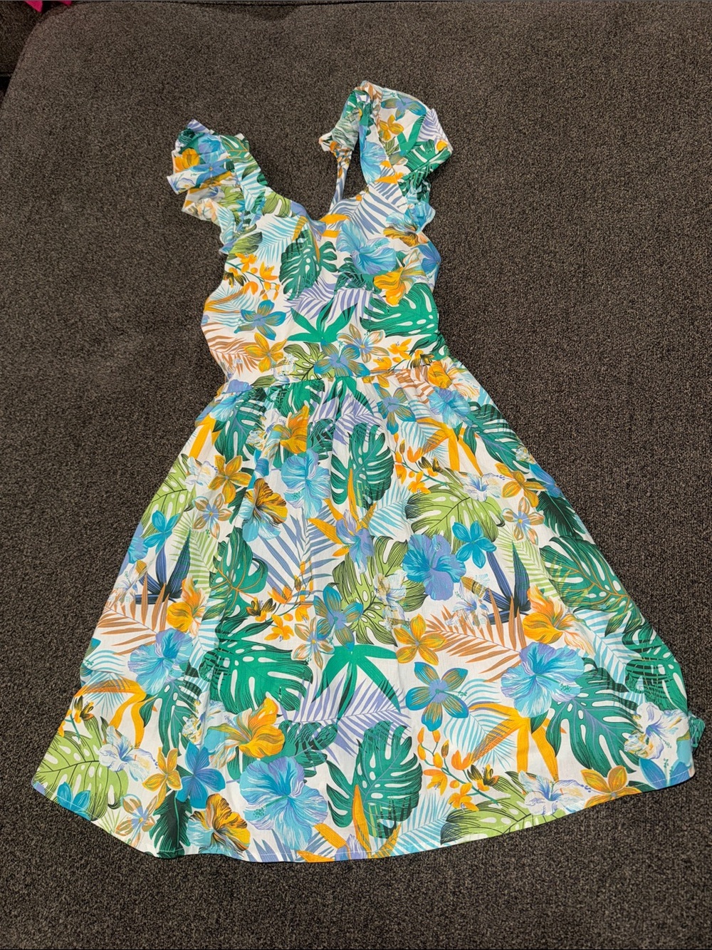 Tropical Floral Ruffle-Shoulder Kids Dress - Green/Blue/Yellow